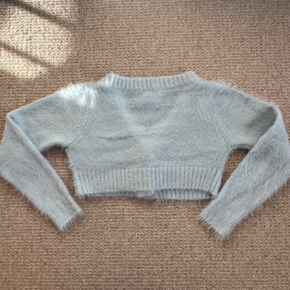 Cropped Fuzzy Light Blue Cardigan Sweater - Picture 4 of 5